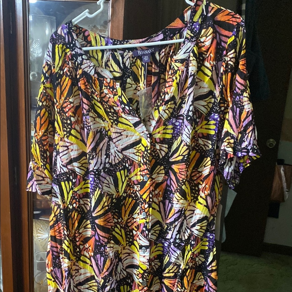 Roaman's Orange Yellow 3/4 Sleeve Buttoned Blouse